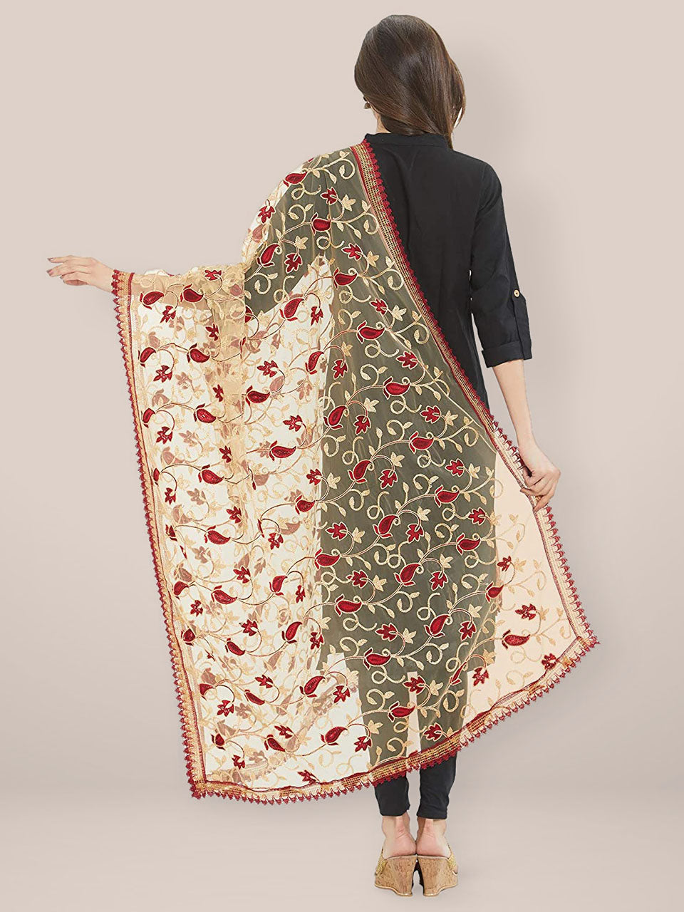 Maroon & Beige Emroidered Net Dupatta freeshipping - Dupatta Bazaar
