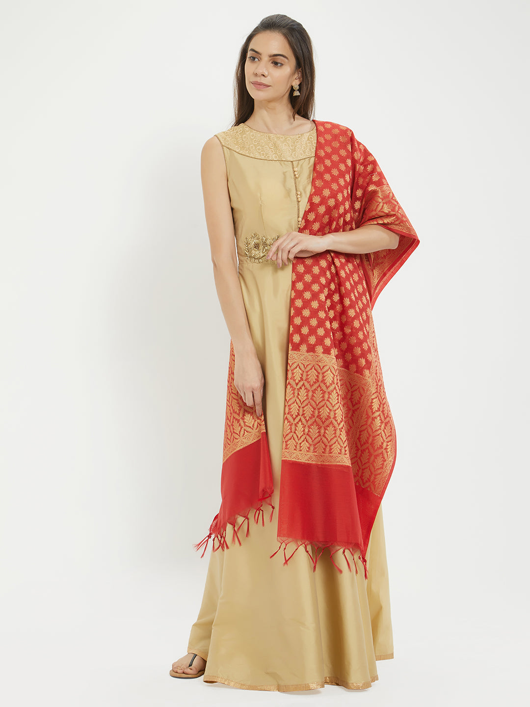 Dupatta Bazaar Woman's Red & Gold Banarasi Silk  Dupatta - Dupatta Bazaar
