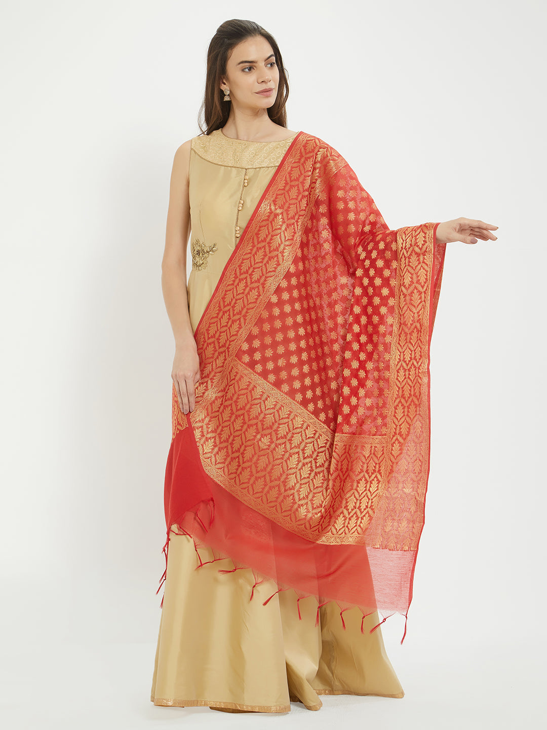 Dupatta Bazaar Woman's Red & Gold Banarasi Silk  Dupatta - Dupatta Bazaar