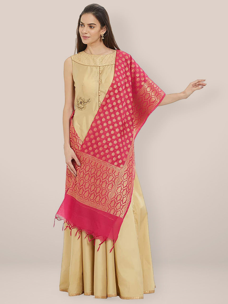 Pink & Gold Banarasi Silk  Dupatta freeshipping - Dupatta Bazaar