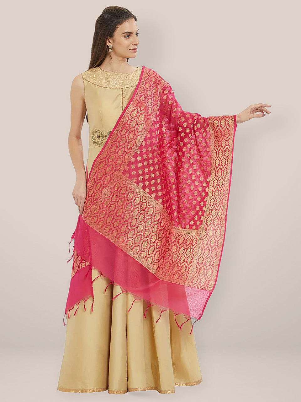 Pink & Gold Banarasi Silk  Dupatta freeshipping - Dupatta Bazaar