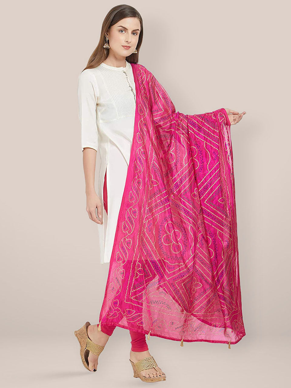 Pink Bandhini Silk dupatta freeshipping - Dupatta Bazaar