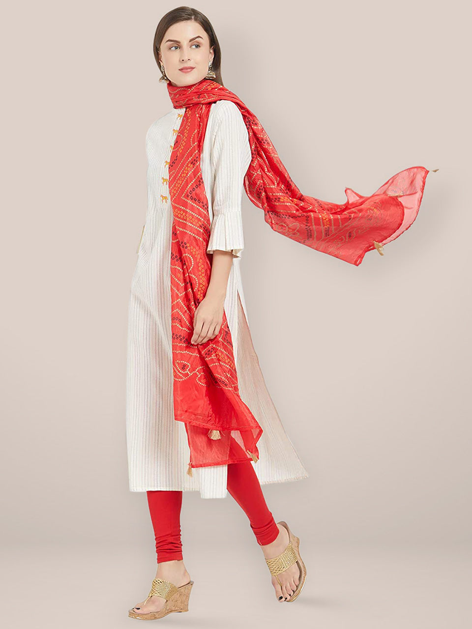 Red Bandhini Silk dupatta freeshipping - Dupatta Bazaar