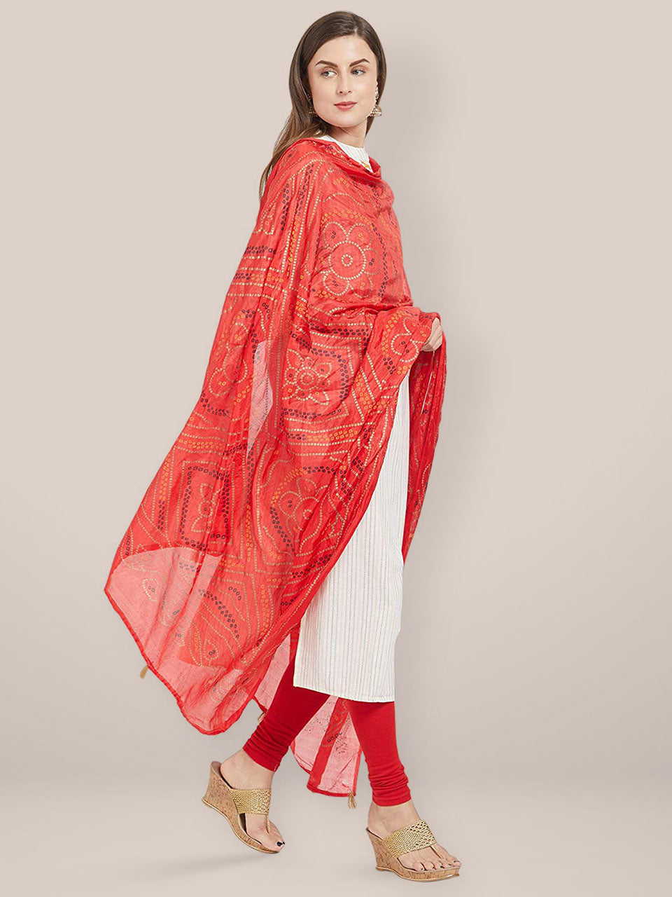 Red Bandhini Silk dupatta freeshipping - Dupatta Bazaar