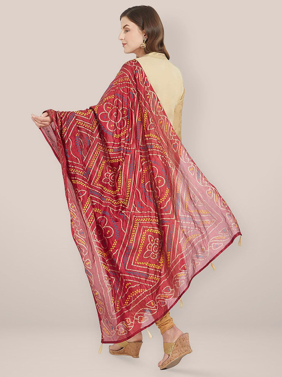 Printed Maroon Bandhini Silk dupatta freeshipping - Dupatta Bazaar