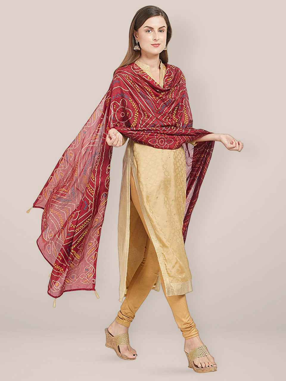 Printed Maroon Bandhini Silk dupatta freeshipping - Dupatta Bazaar