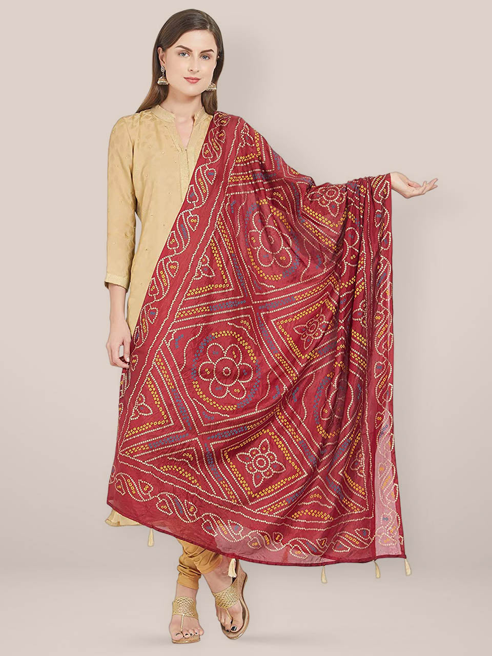 Printed Maroon Bandhini Silk dupatta freeshipping - Dupatta Bazaar