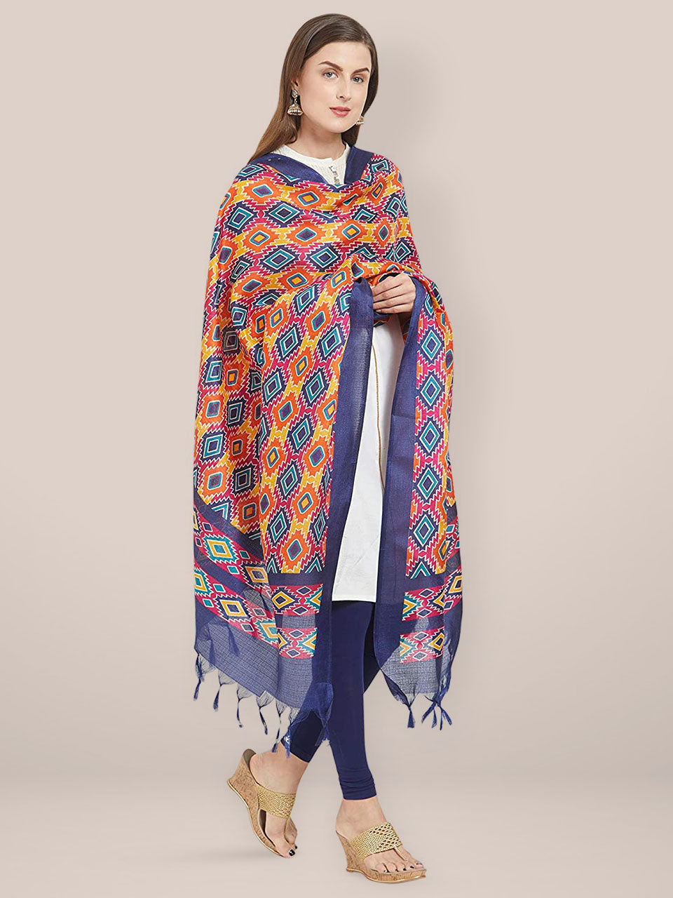 Multicolour Blue Printed Silk dupatta freeshipping - Dupatta Bazaar