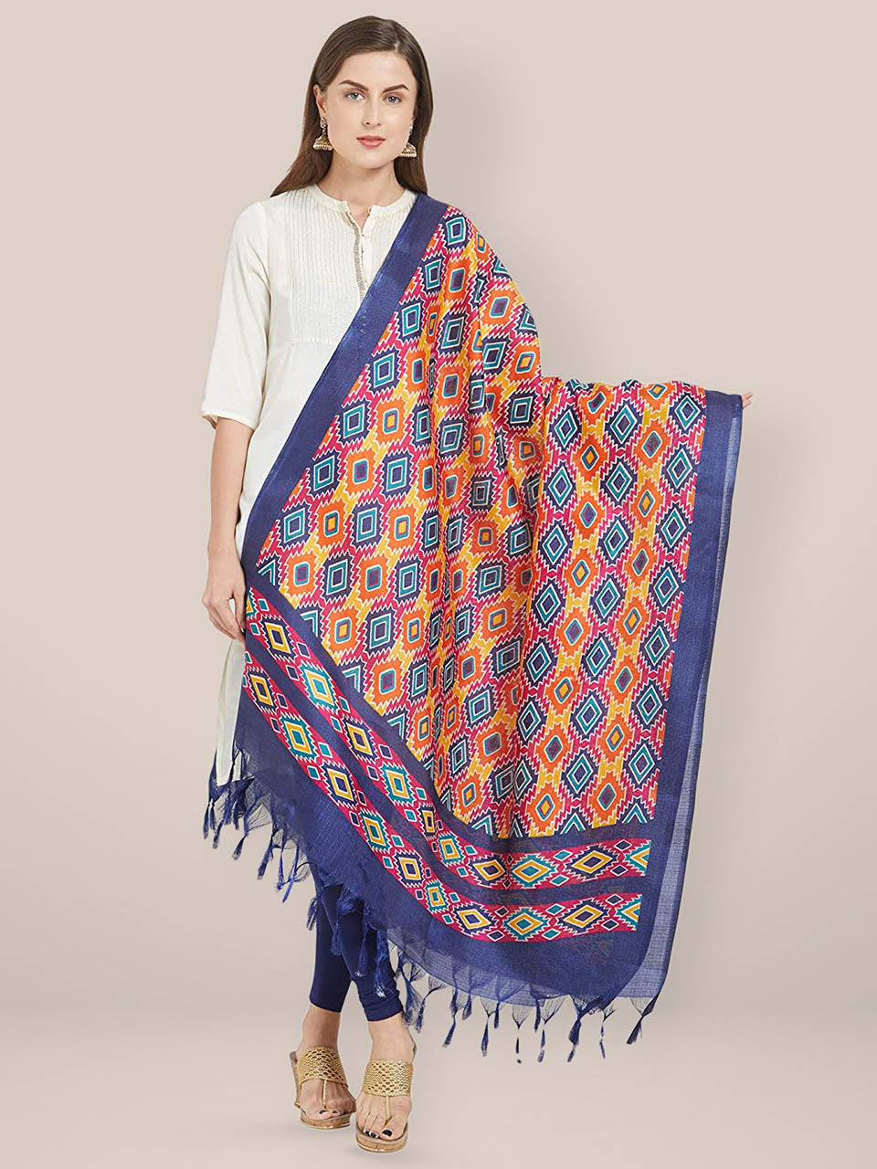 Multicolour Blue Printed Silk dupatta freeshipping - Dupatta Bazaar