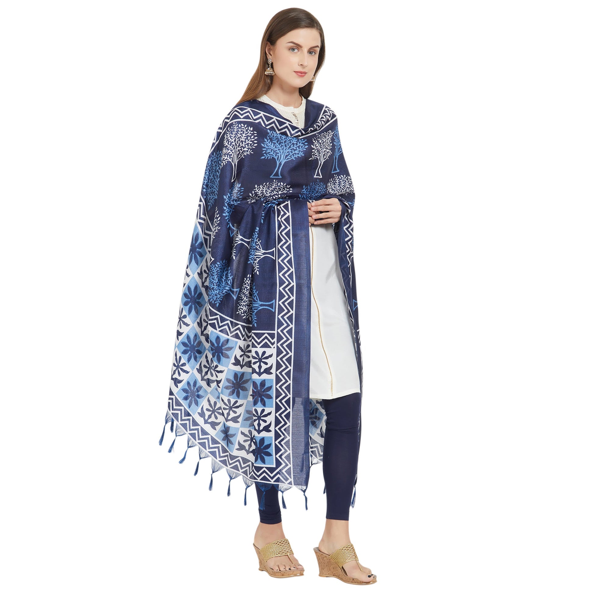 Dupatta Bazaar Woman's Indigo & White Silk dupatta - Dupatta Bazaar