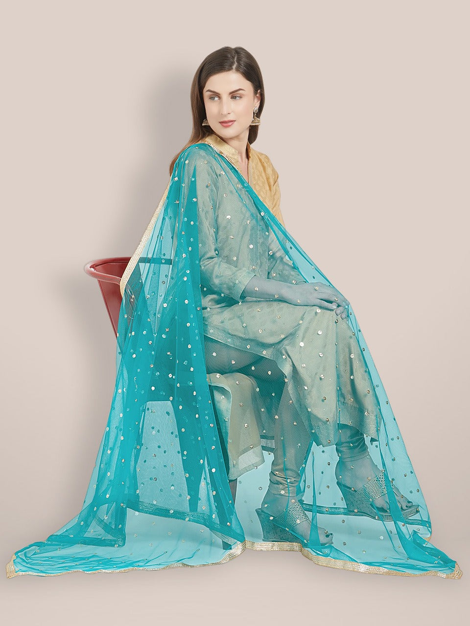 Embellished Net Teal Blue Dupatta freeshipping - Dupatta Bazaar