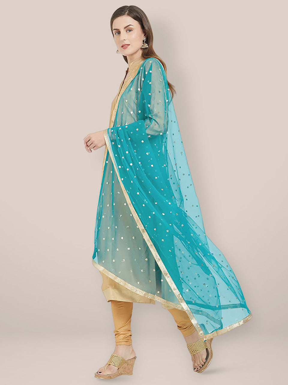 Embellished Net Teal Blue Dupatta freeshipping - Dupatta Bazaar