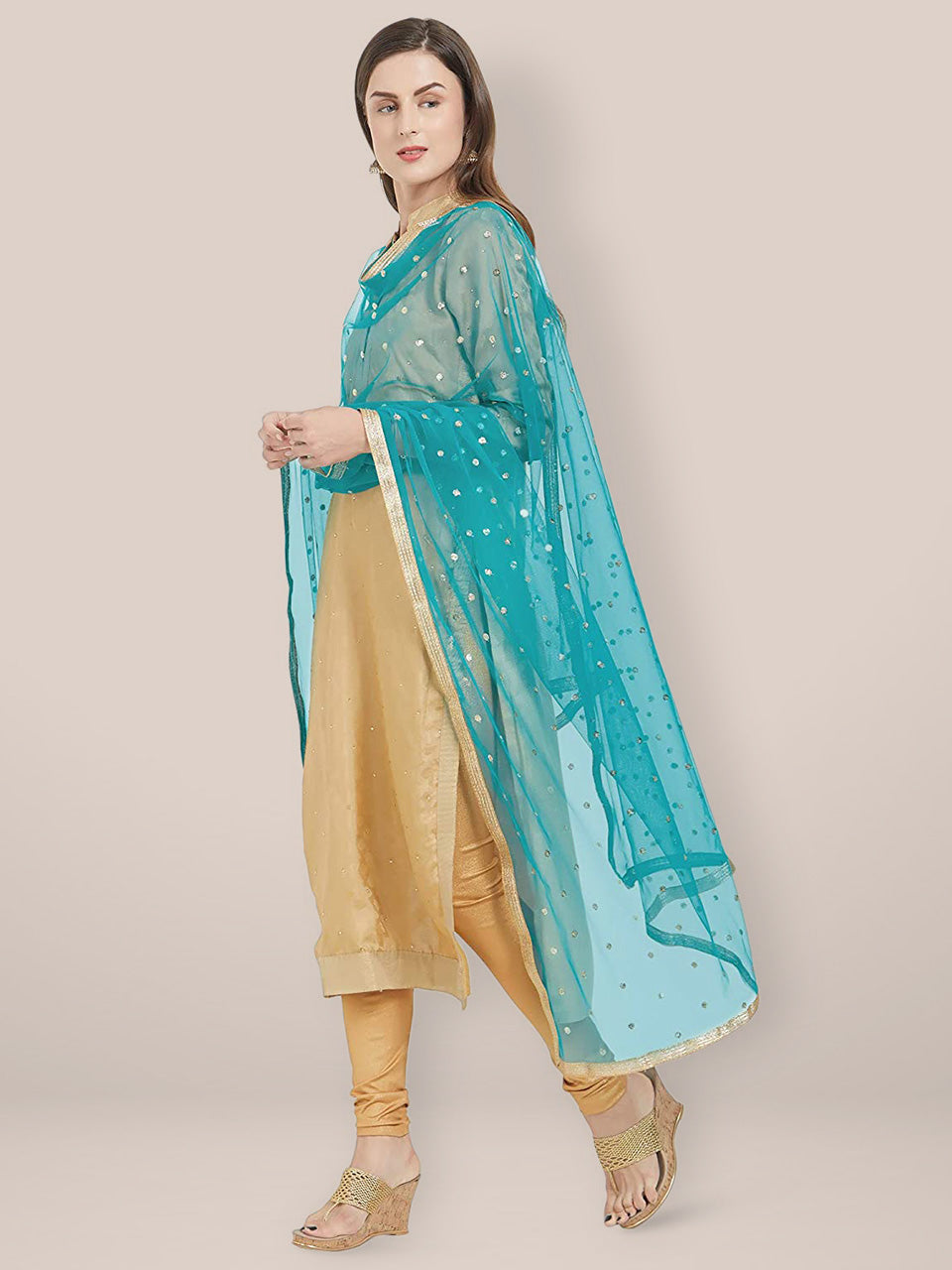 Embellished Net Teal Blue Dupatta freeshipping - Dupatta Bazaar