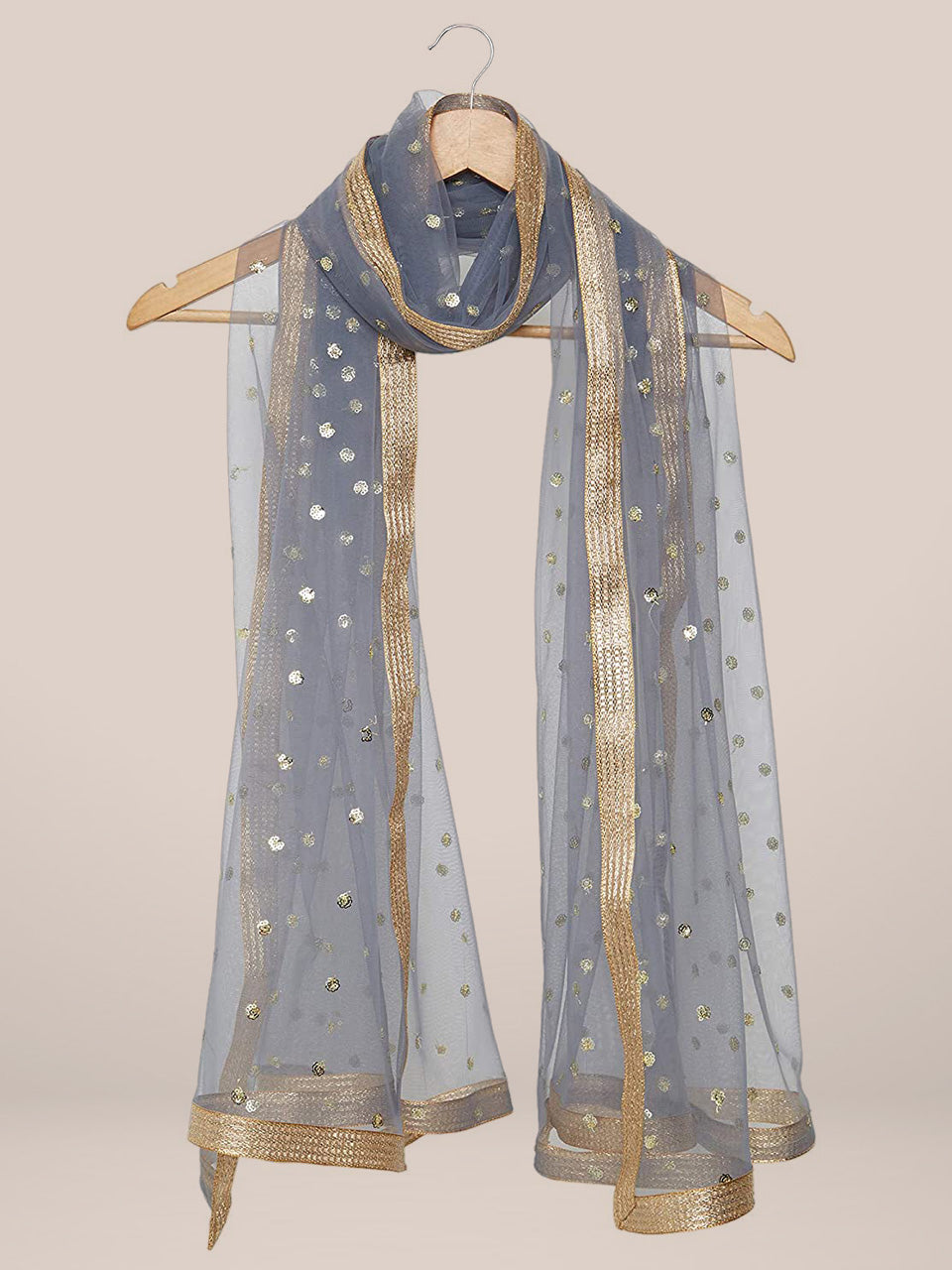Embellished Grey Net Dupatta freeshipping - Dupatta Bazaar
