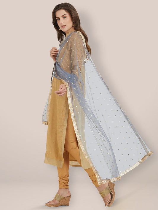 Embellished Grey Net Dupatta freeshipping - Dupatta Bazaar