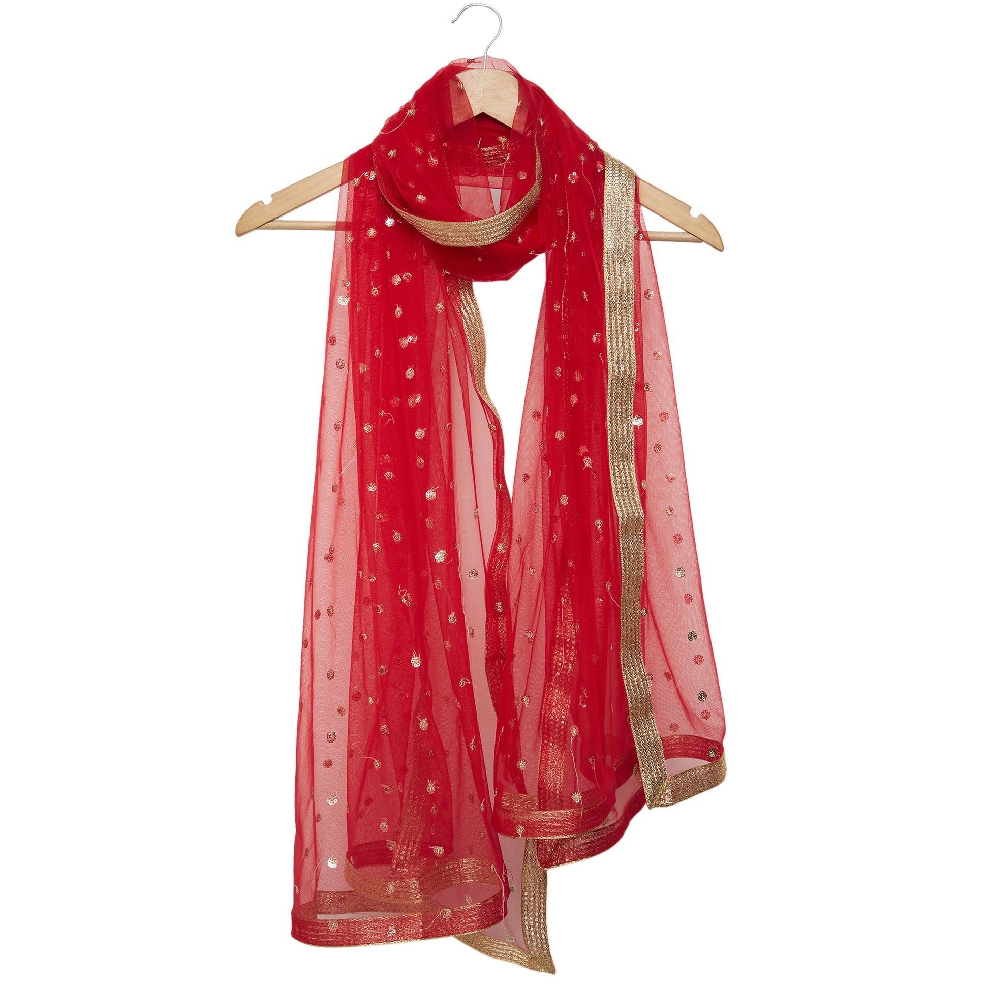 Dupatta Bazaar Woman's Embellished Red Net Dupatta - Dupatta Bazaar