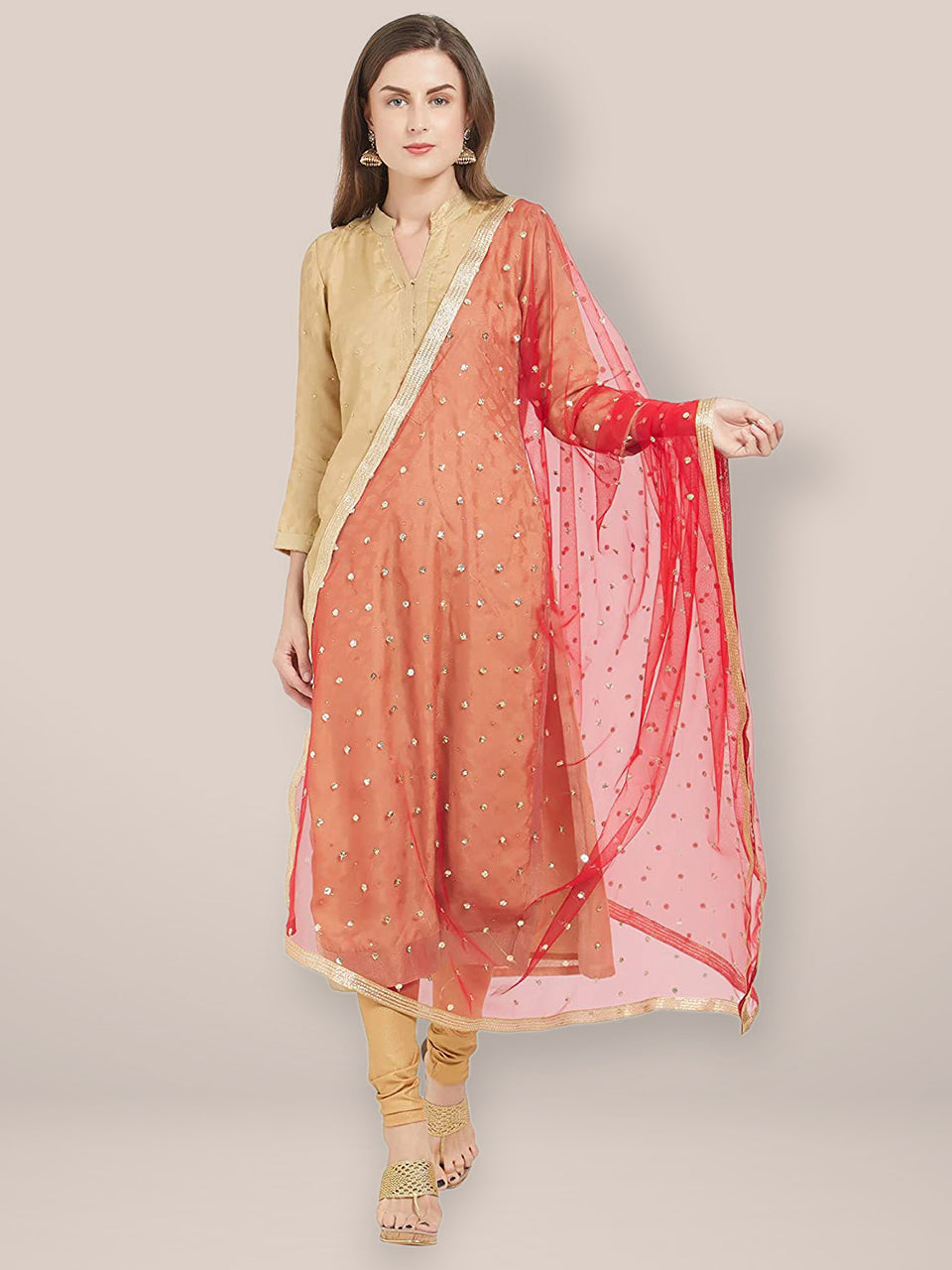 Embellished Red Net Dupatta freeshipping - Dupatta Bazaar