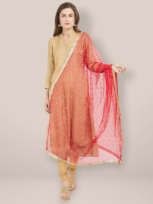 Embellished Red Net Dupatta freeshipping - Dupatta Bazaar