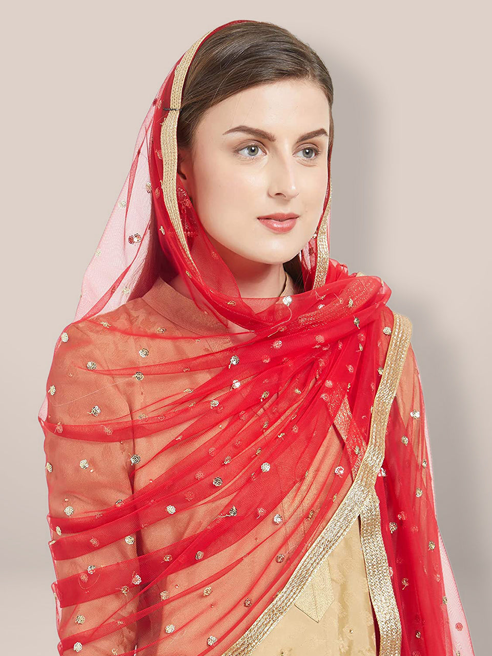 Embellished Red Net Dupatta freeshipping - Dupatta Bazaar