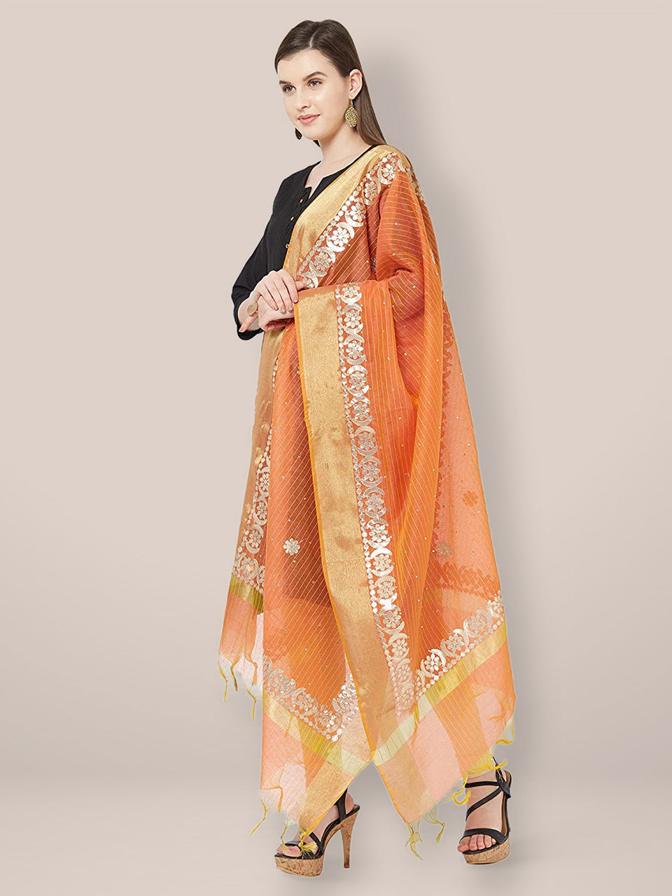 Orange Chanderi Dupatta with Gotta Work freeshipping - Dupatta Bazaar