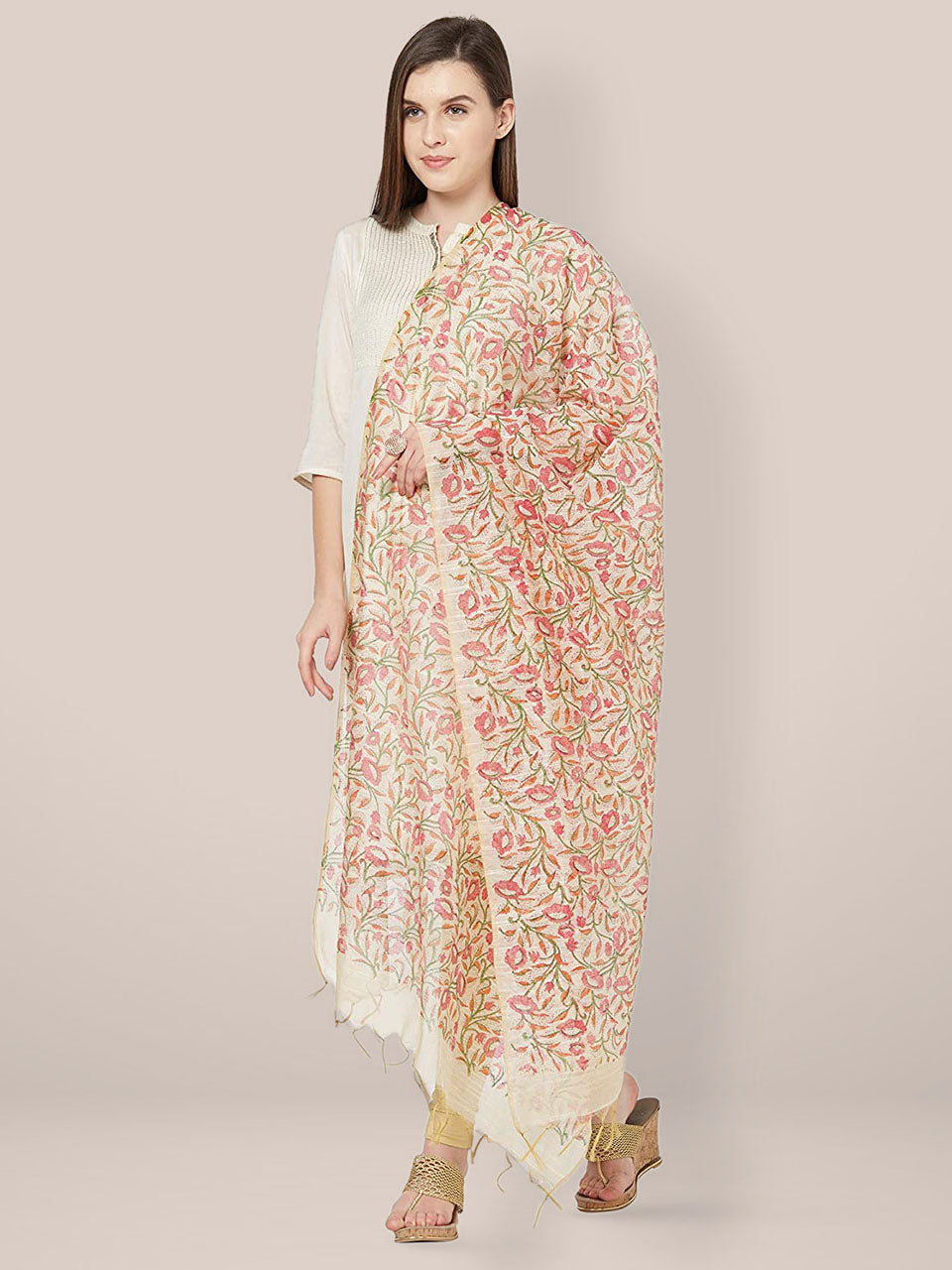 Pink Chanderi Silk Dupatta with block print. freeshipping - Dupatta Bazaar