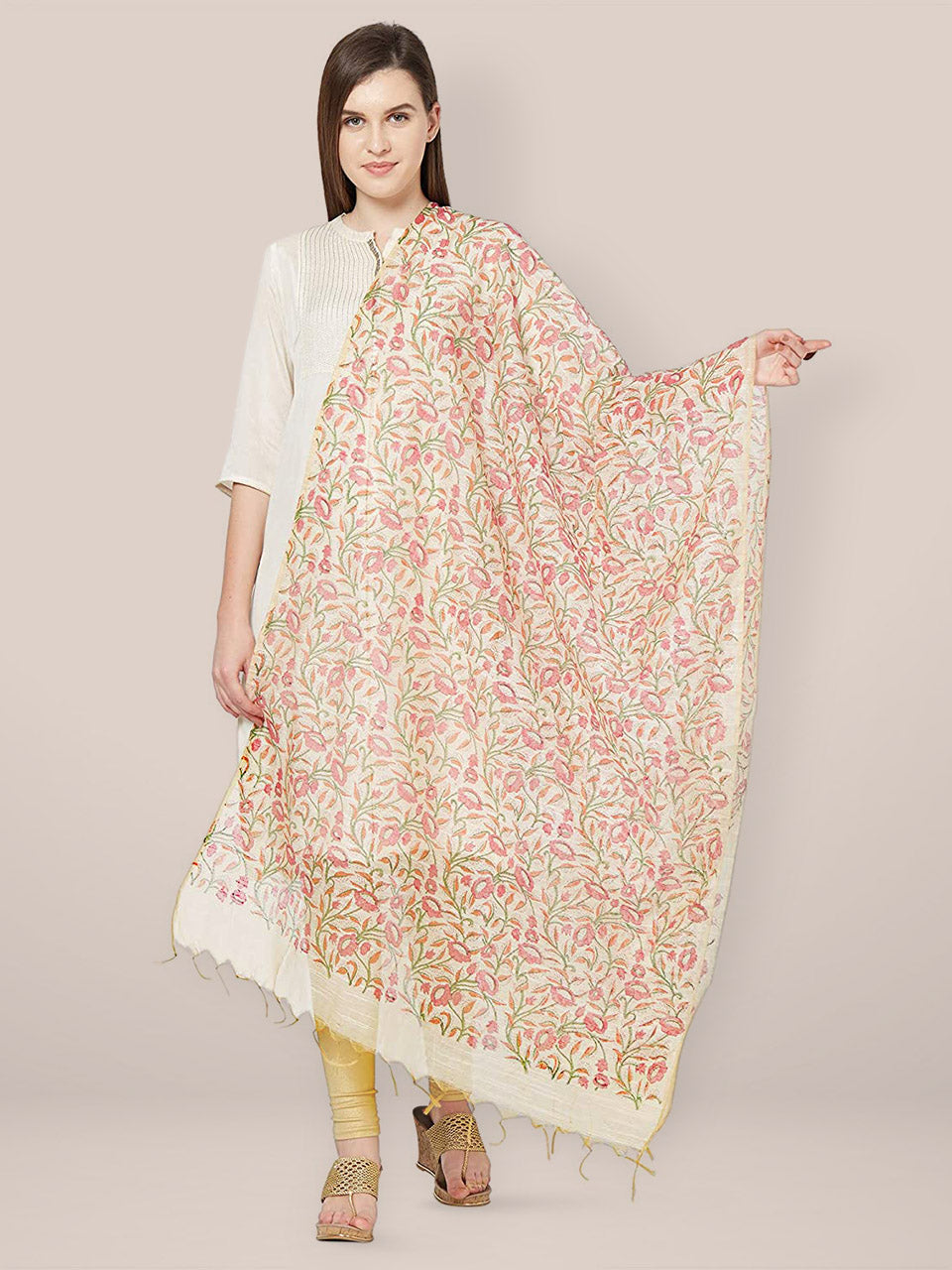 Pink Chanderi Silk Dupatta with block print. freeshipping - Dupatta Bazaar