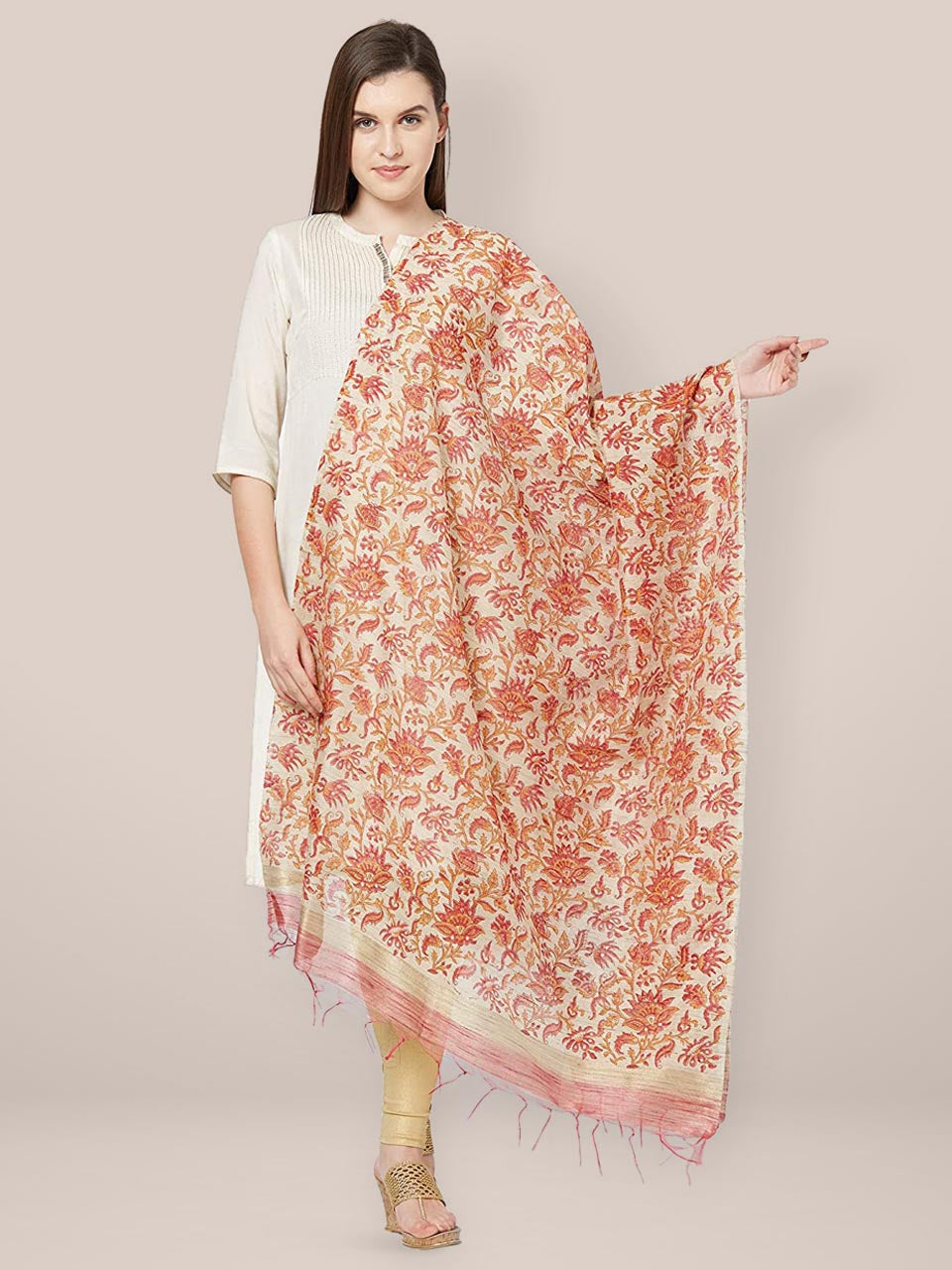 Red Chanderi Silk Dupatta with block print. freeshipping - Dupatta Bazaar