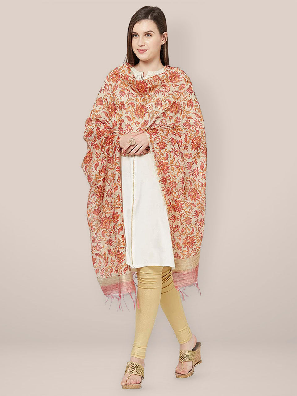 Red Chanderi Silk Dupatta with block print. freeshipping - Dupatta Bazaar