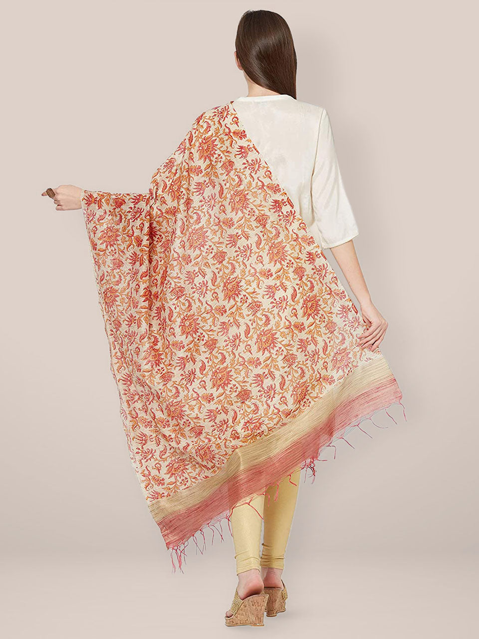 Red Chanderi Silk Dupatta with block print. freeshipping - Dupatta Bazaar