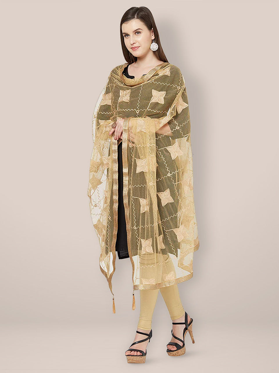 Gold Embroidered Net Dupatta with lace freeshipping - Dupatta Bazaar