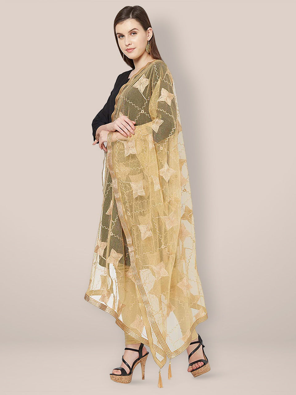 Gold Embroidered Net Dupatta with lace freeshipping - Dupatta Bazaar