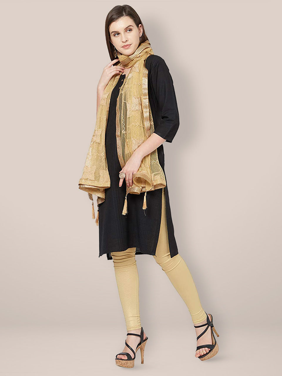 Gold Embroidered Net Dupatta with lace freeshipping - Dupatta Bazaar