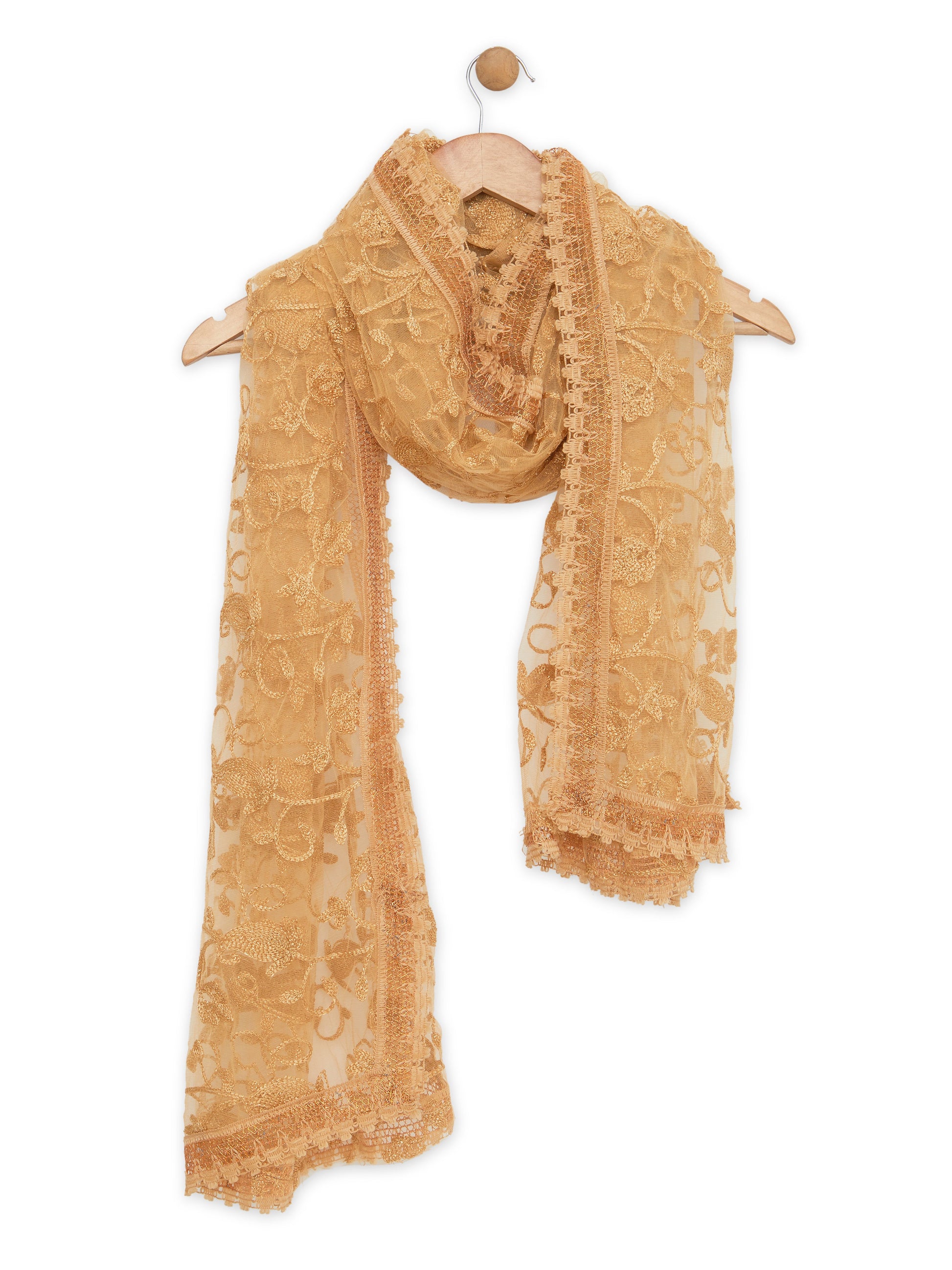 Dupatta Bazaar Woman's Golden Embroidered Net Dupatta with lace and danglers. - Dupatta Bazaar