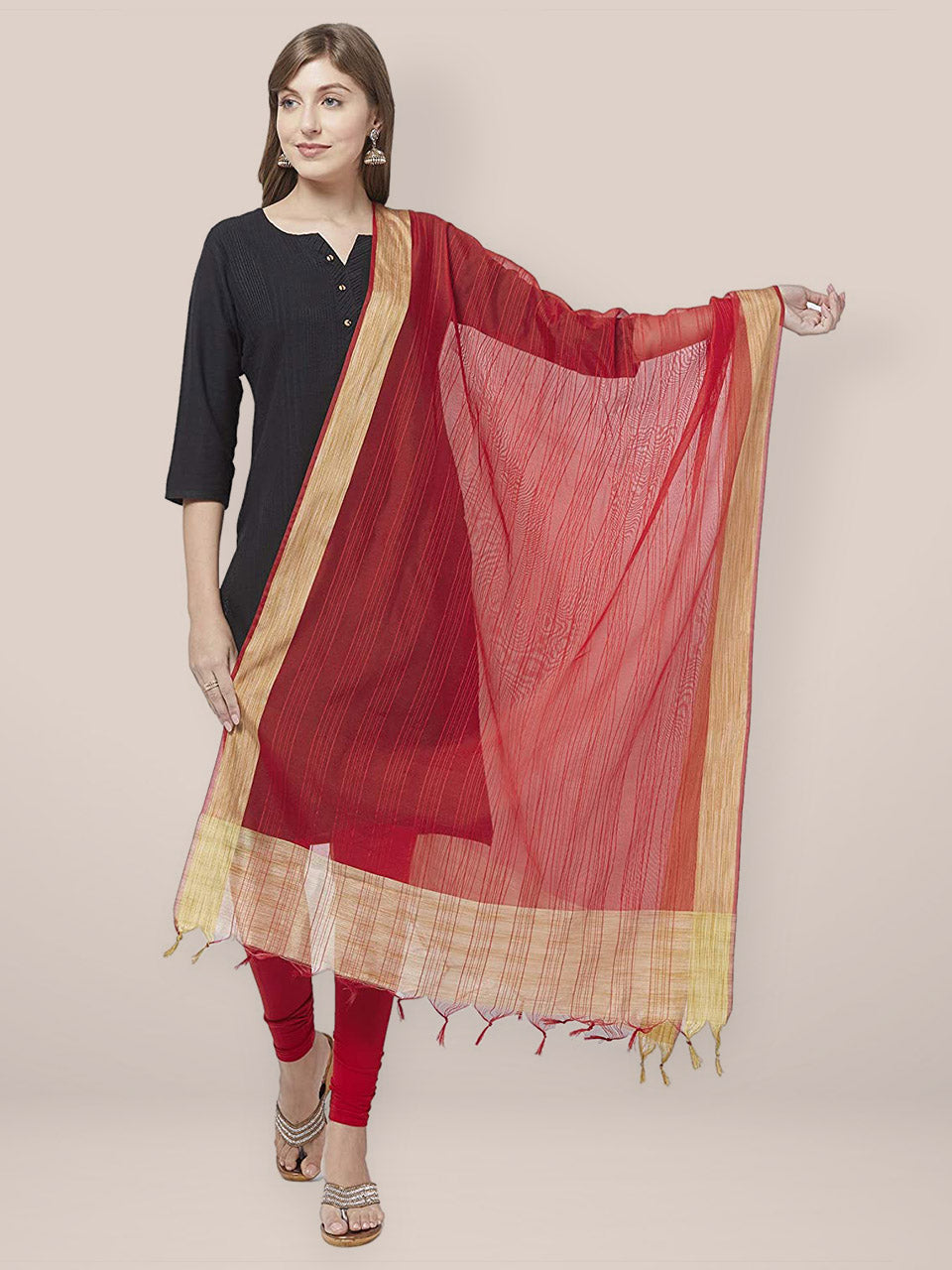 Red Cotton Silk Dupatta with Gold Border. freeshipping - Dupatta Bazaar