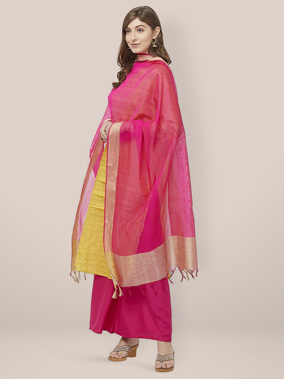 Pink Cotton Silk Dupatta with Gold Border. freeshipping - Dupatta Bazaar