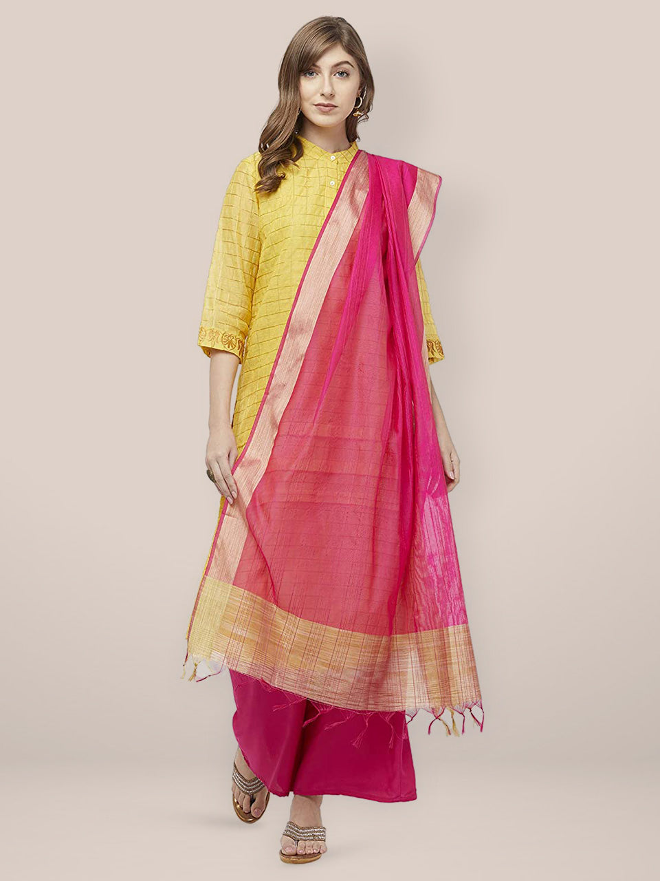Pink Cotton Silk Dupatta with Gold Border. freeshipping - Dupatta Bazaar