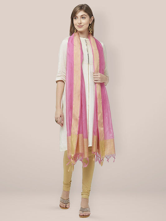 Pink Cotton Silk Dupatta with Gold Border. freeshipping - Dupatta Bazaar