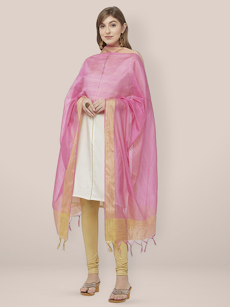 Pink Cotton Silk Dupatta with Gold Border. freeshipping - Dupatta Bazaar