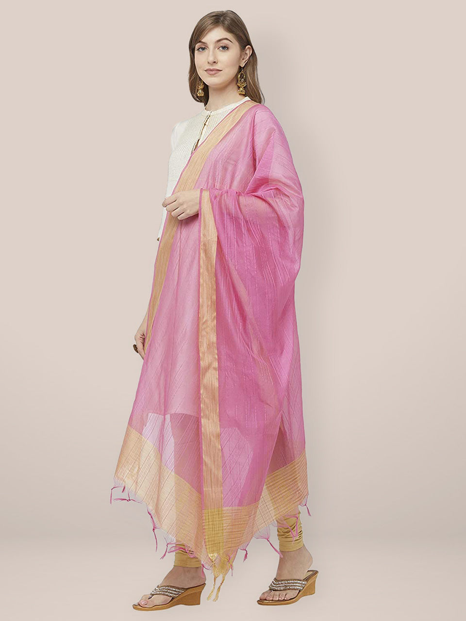 Pink Cotton Silk Dupatta with Gold Border. freeshipping - Dupatta Bazaar