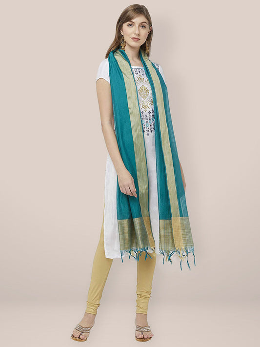Teal Blue Cotton Silk Dupatta with Gold  Border. freeshipping - Dupatta Bazaar