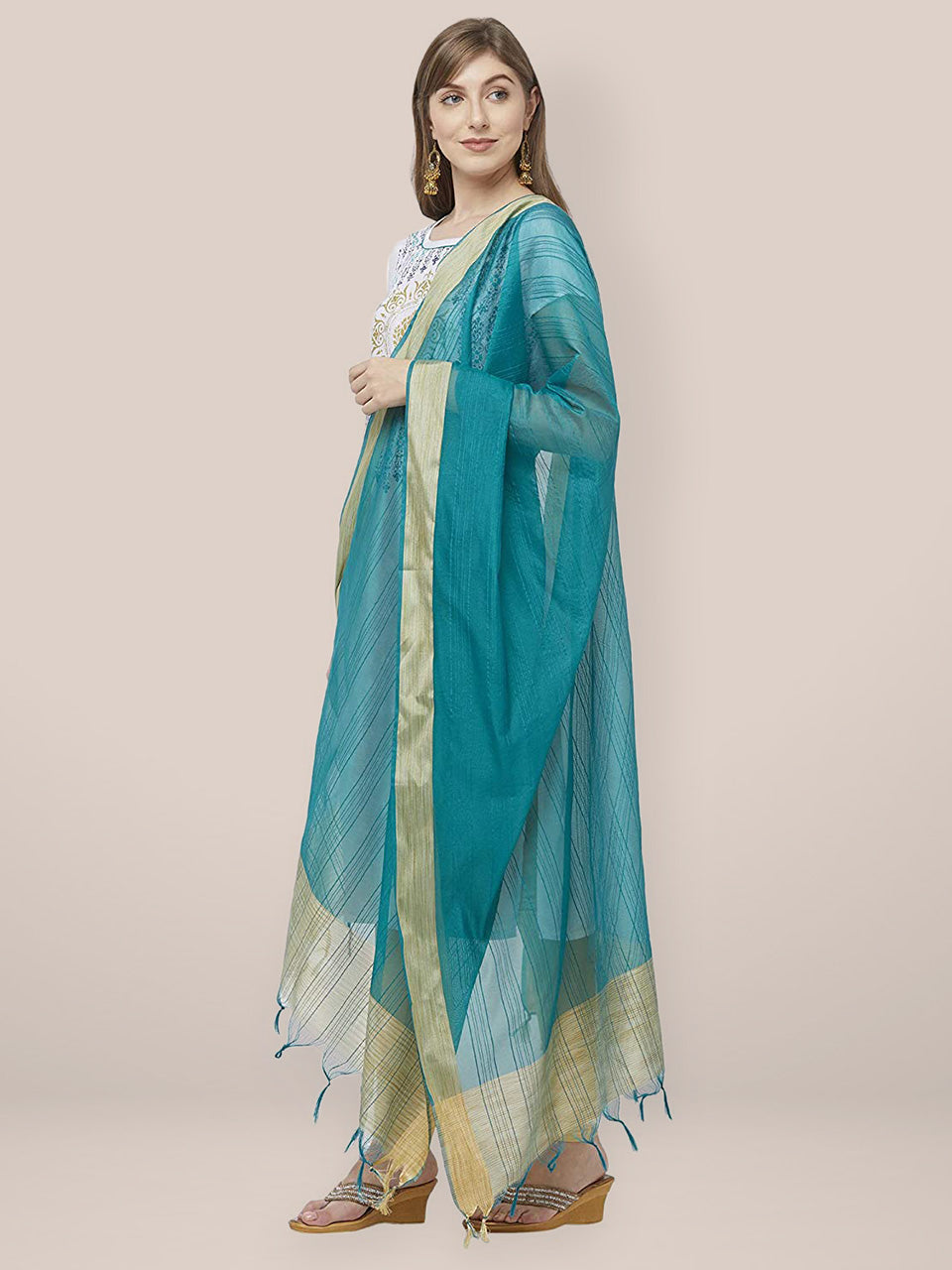 Teal Blue Cotton Silk Dupatta with Gold  Border. freeshipping - Dupatta Bazaar