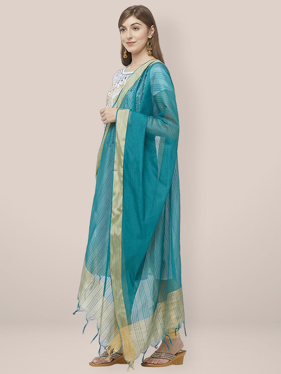 Teal Blue Cotton Silk Dupatta with Gold  Border. freeshipping - Dupatta Bazaar