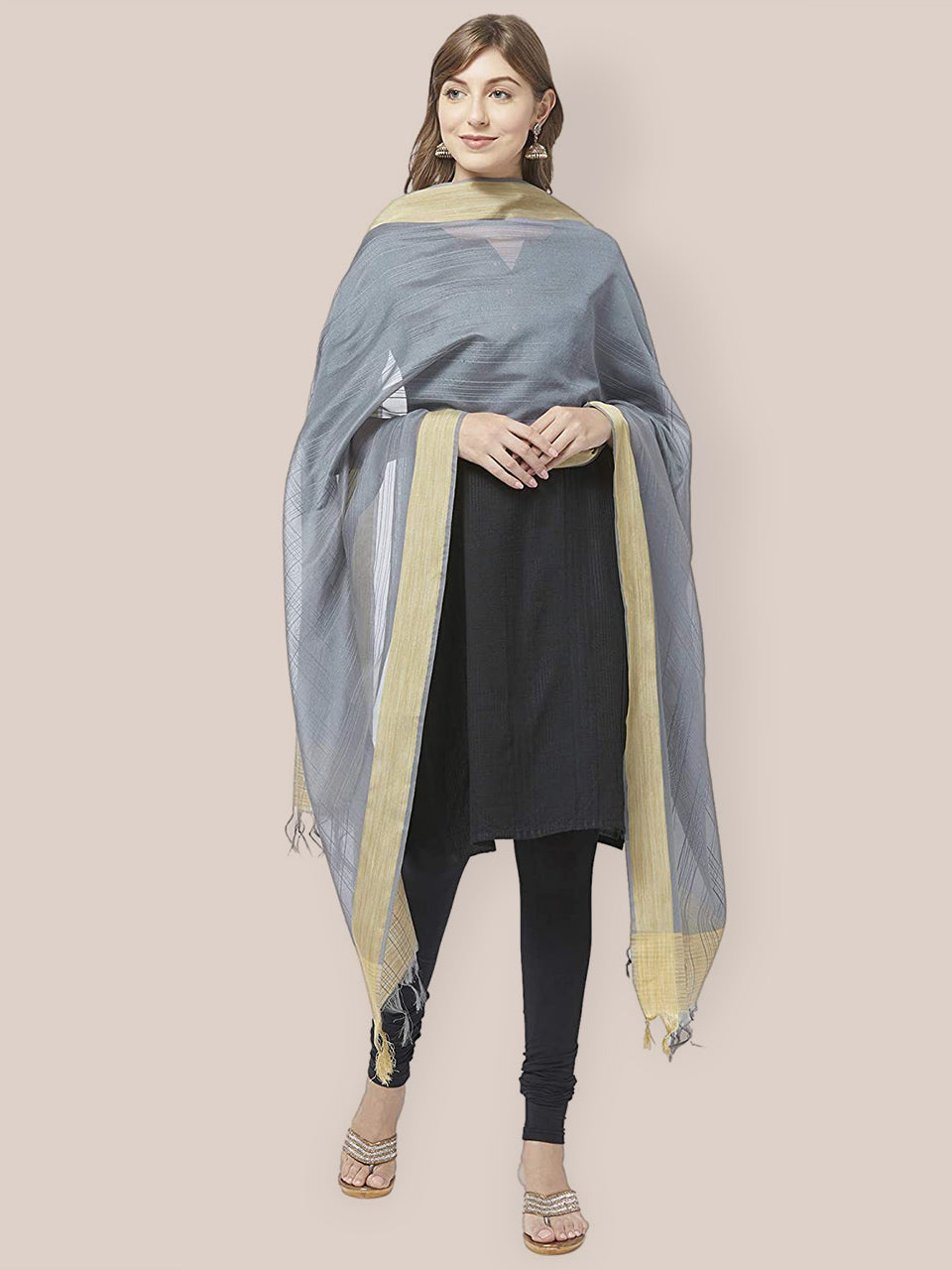Grey Cotton Silk Dupatta with Gold Border. freeshipping - Dupatta Bazaar