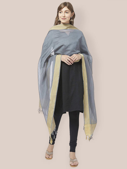 Grey Cotton Silk Dupatta with Gold Border. freeshipping - Dupatta Bazaar