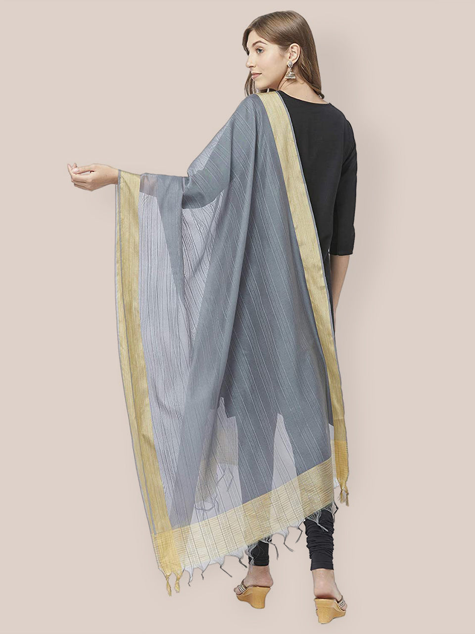 Grey Cotton Silk Dupatta with Gold Border. freeshipping - Dupatta Bazaar