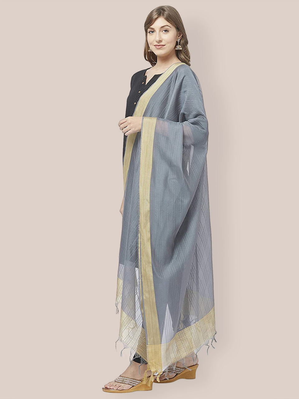 Grey Cotton Silk Dupatta with Gold Border. freeshipping - Dupatta Bazaar