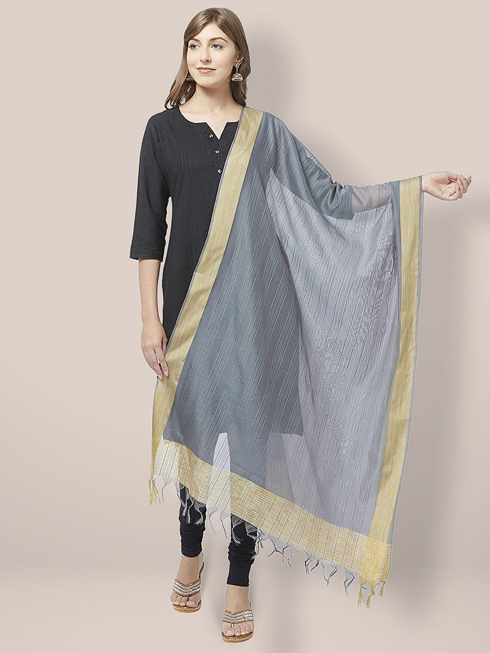Grey Cotton Silk Dupatta with Gold Border. freeshipping - Dupatta Bazaar