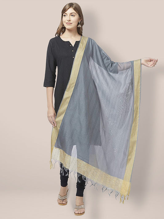 Grey Cotton Silk Dupatta with Gold Border. freeshipping - Dupatta Bazaar