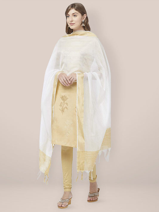 White Cotton Silk Dupatta with Gold Border. freeshipping - Dupatta Bazaar
