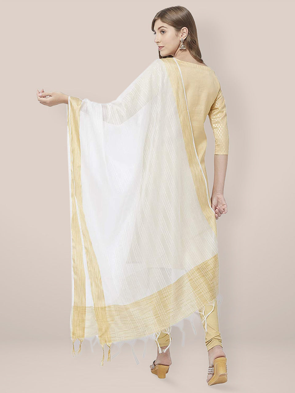 White Cotton Silk Dupatta with Gold Border. freeshipping - Dupatta Bazaar